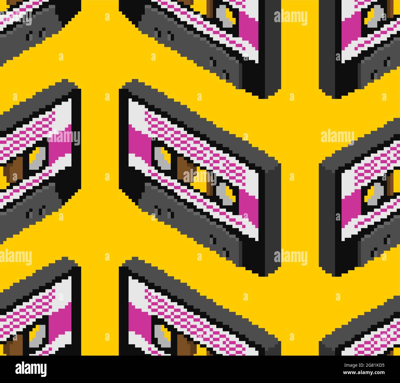 Retro cassette pixel art pattern. Boombox cassette 8 bit background