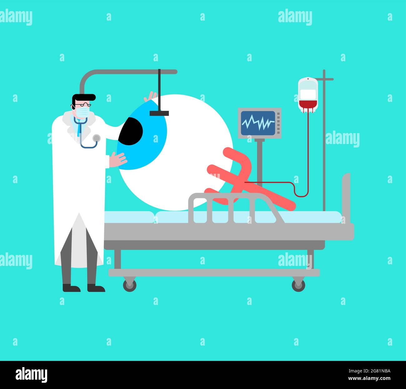 Eye treatment and doctor. large Eye rests on medical bed Stock Vector