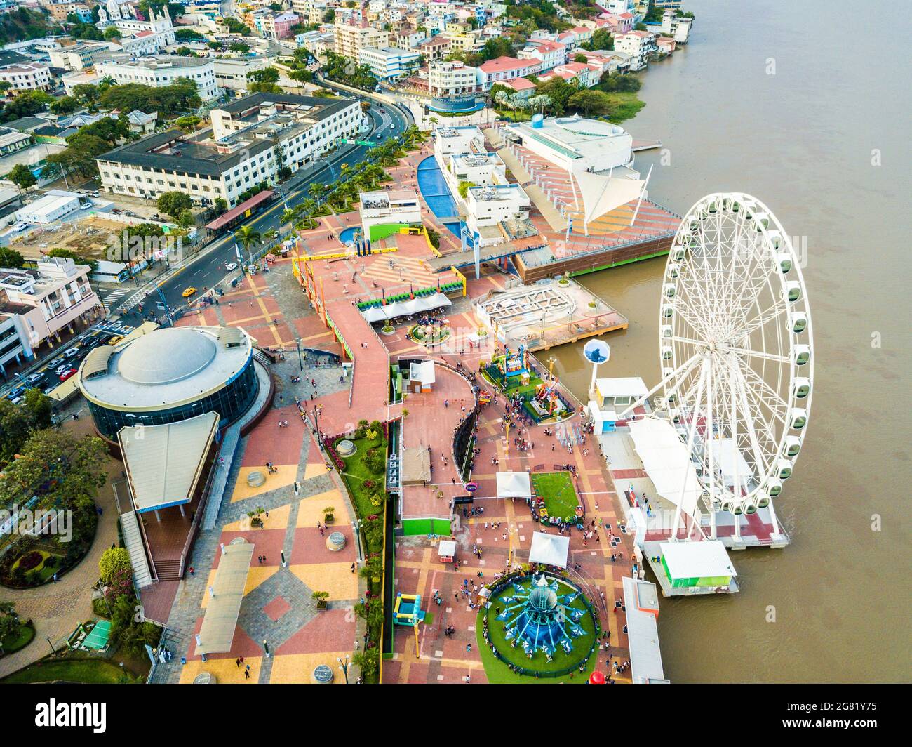 A top aerial view of Guayaquil city in Ecuador. Buildings, Malecon 2000, La  Perla ferris wheel and the Guayas river Stock Photo - Alamy