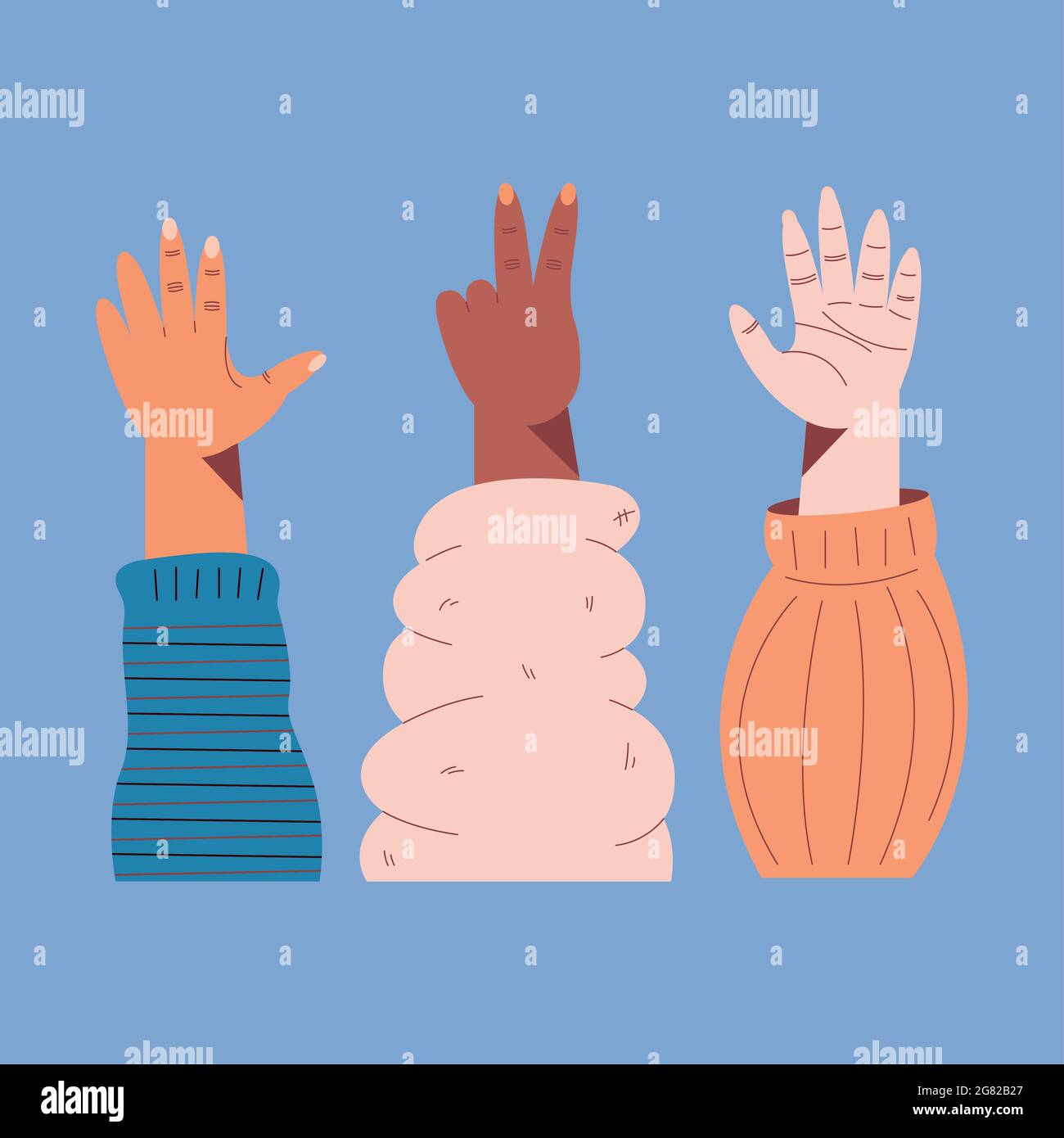 three interracial left hands up icons Stock Vector