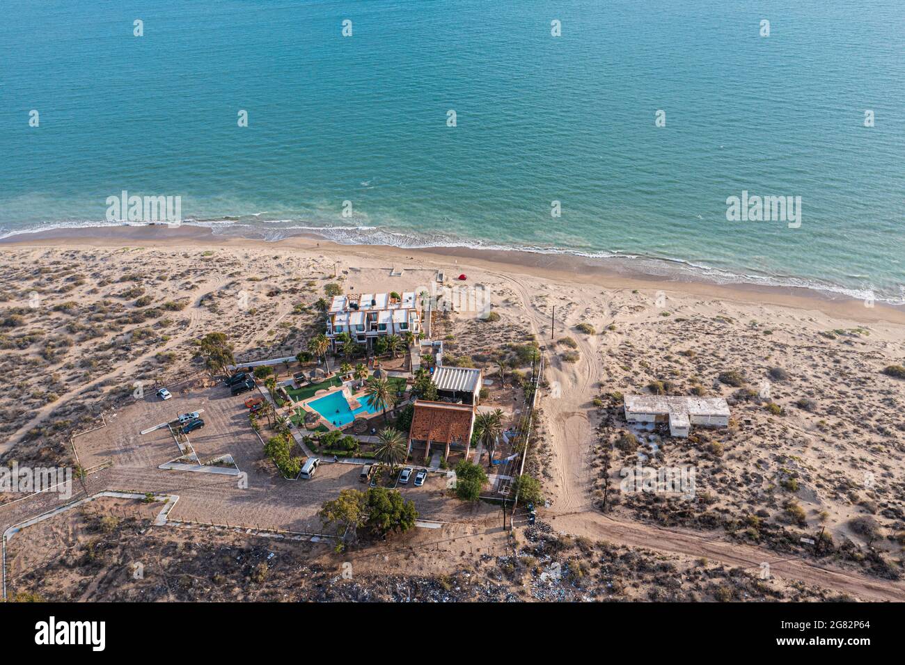 Aerial view of white beach houses in Kino Bay, Sonora, Mexico