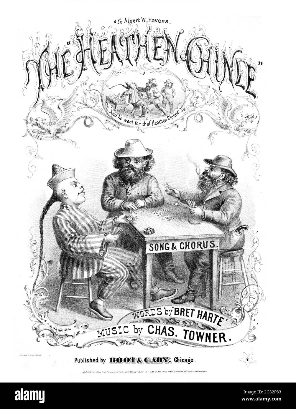 The Heathen Chinee, 1870 racist anti-Chinese sheet music with lyrics by Bret Hart. Cartoon lithograph of poker game.. Stock Photo