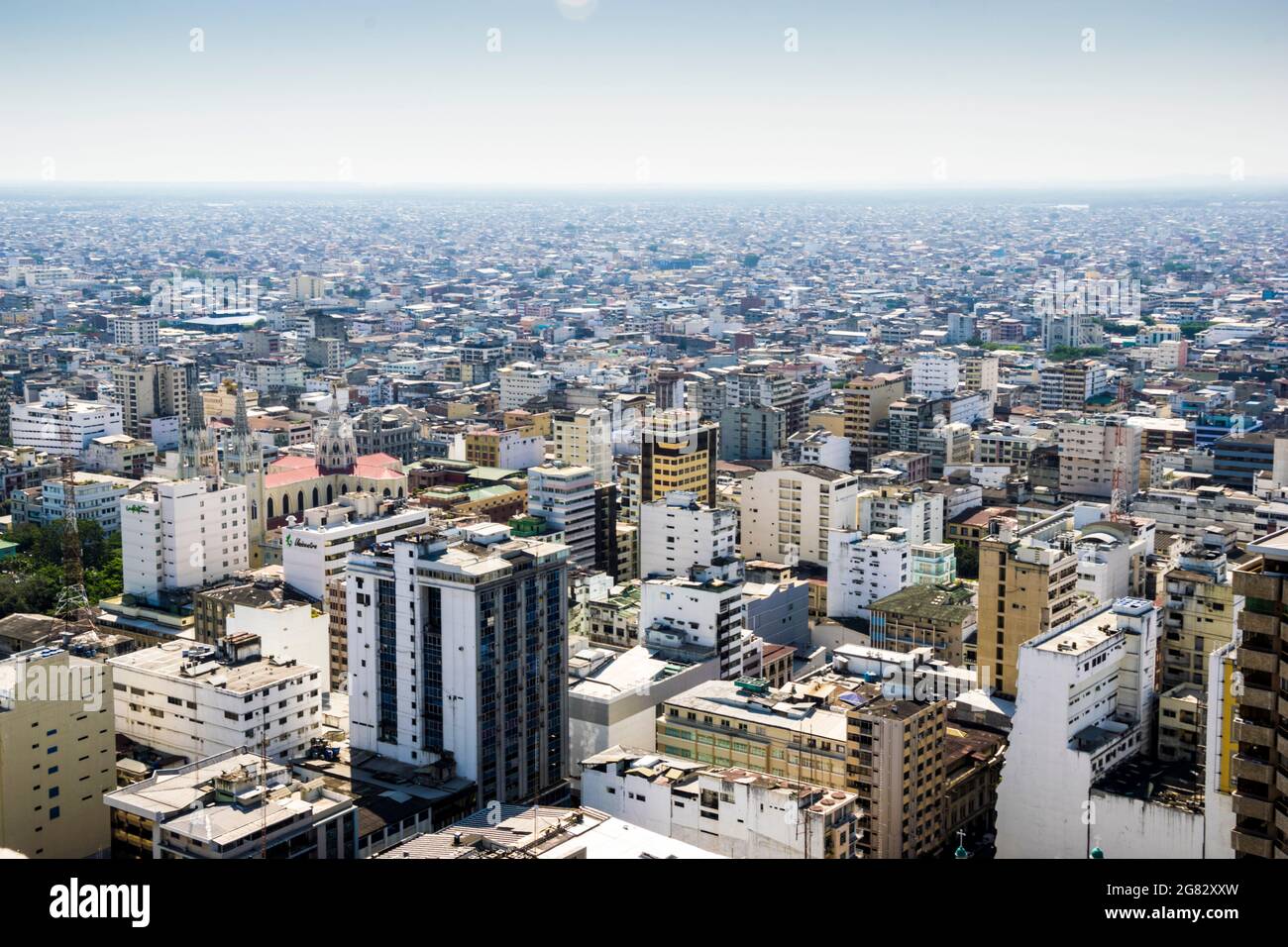 Aerial drone view of Guayaquil City in Ecuador. A look over downtown Guayaquil where all the tall buildings and offices are located. Stock Photo