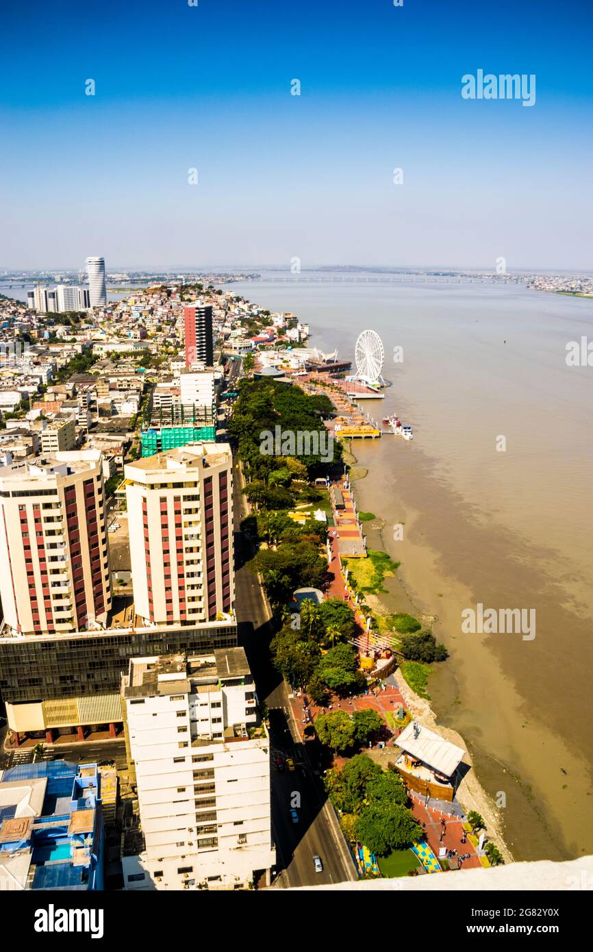 Aerial drone view of Guayaquil City in Ecuador. A look over downtown Guayaquil where all the tall buildings and offices are located. Stock Photo