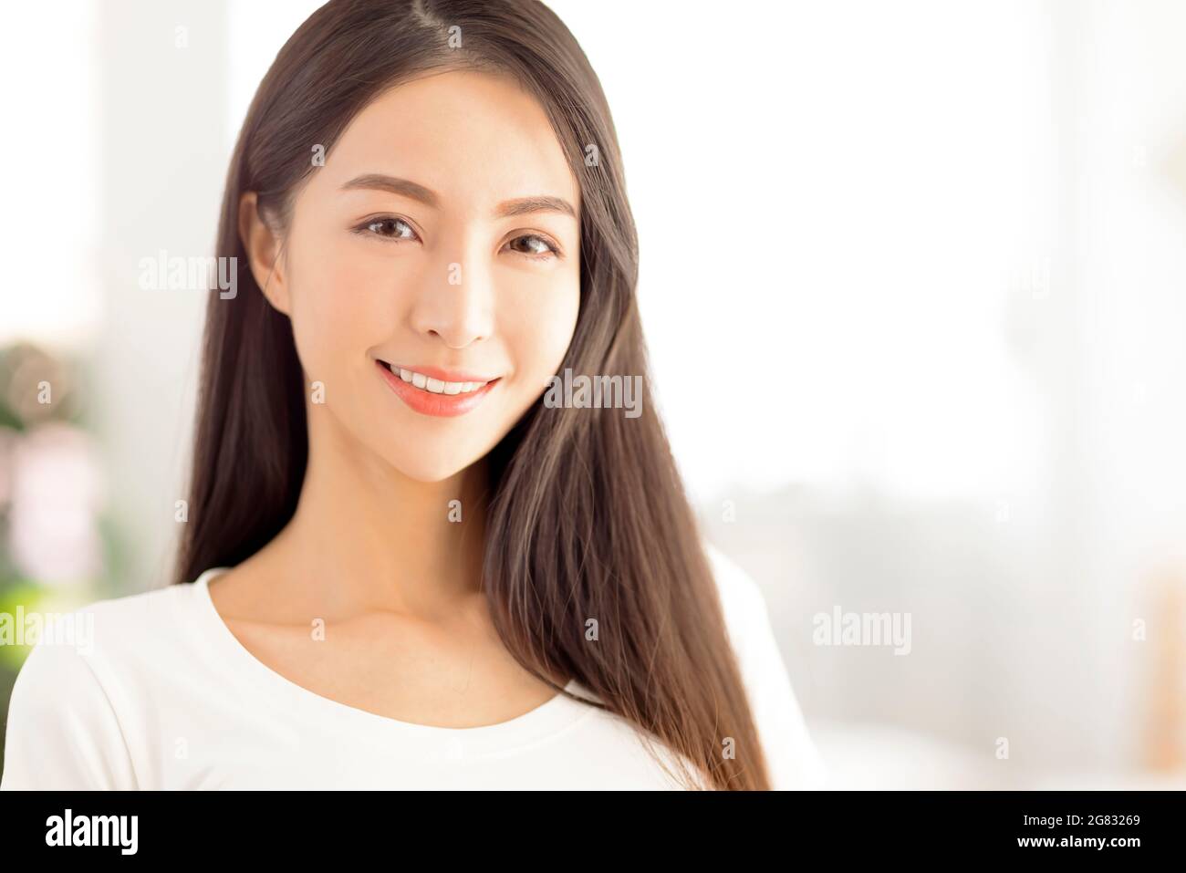 closeup  young asian woman face with clean and  healthy skin Stock Photo