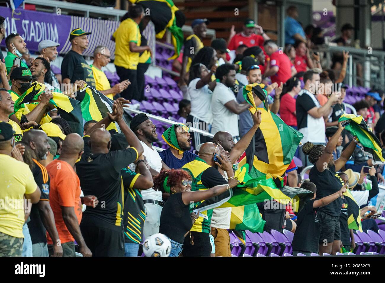 Fort Lauderdale, Florida, USA, July 16, 2021, Jamaican fans wave their