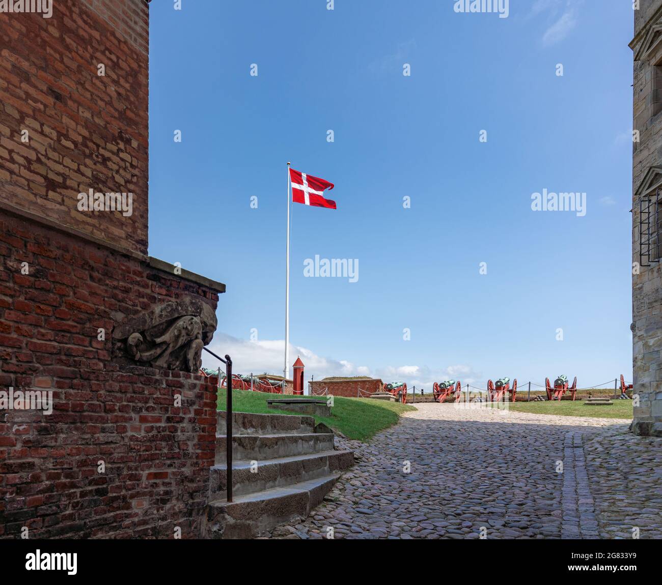 Flag of Denmark known as Dannebrog at Kronborg Castle - Helsingor, Denmark Stock Photo