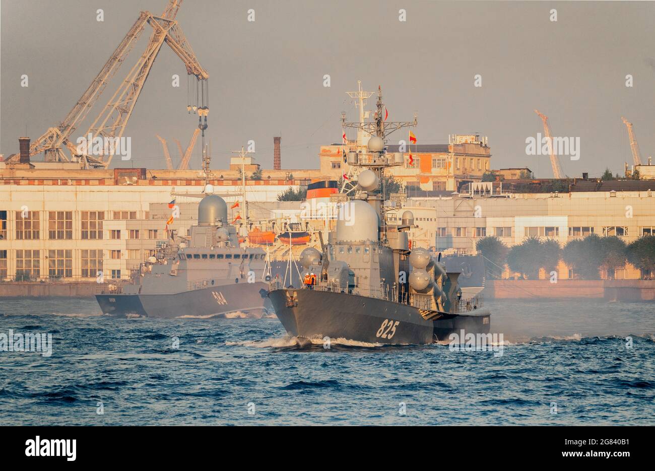 Russian Navy major missile boat ‘Dimitrovgrad' and missile corvette 'Zelyony Dol' on Neva river, St Petersburg, Russia Stock Photo