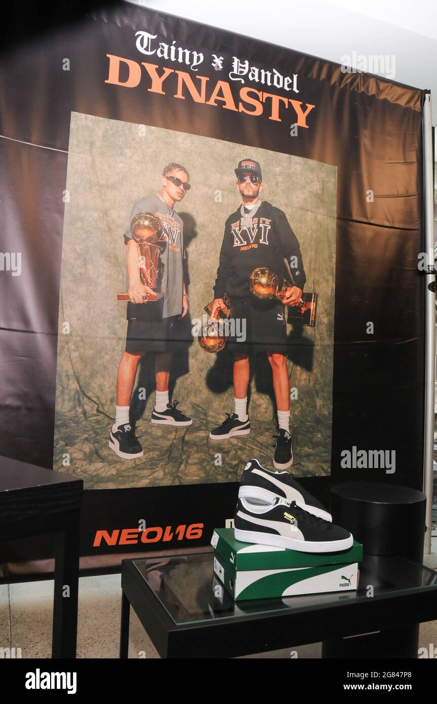 New York, USA. 16th July, 2021. Special PUMA sneakers are promoted at the  press conference to promote the new album 'DYNASTY', held at the PUMA  Store, in New York City.In honor of