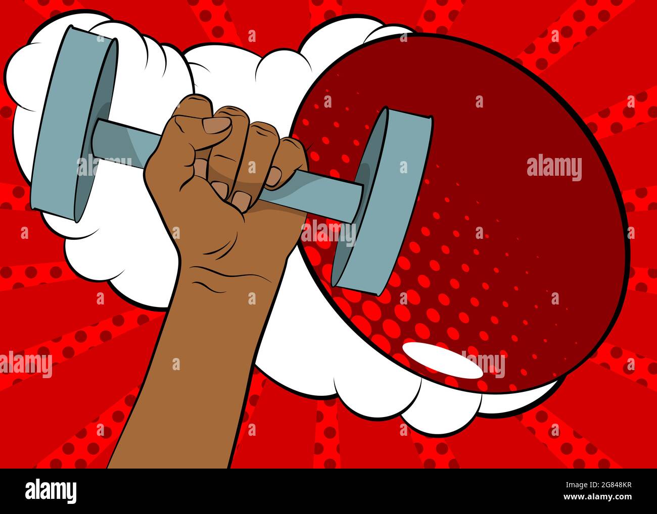 Afro-American woman hand holding dumbbell on comic book background. Cartoon style vector illustration. Drawn fitness equipment. Stock Vector