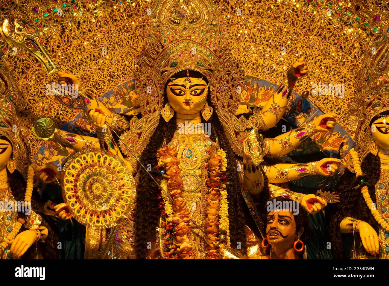 Golden Goddess Durga idol at decorated Durga Puja pandal, shot at ...