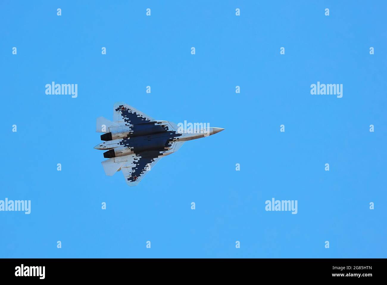 New Russian five generation fighter SU 57, T-50 shows aerial maneuver battle at Moscow International Aviation and Space Salon MAKS 2019. RUSSIA Stock Photo