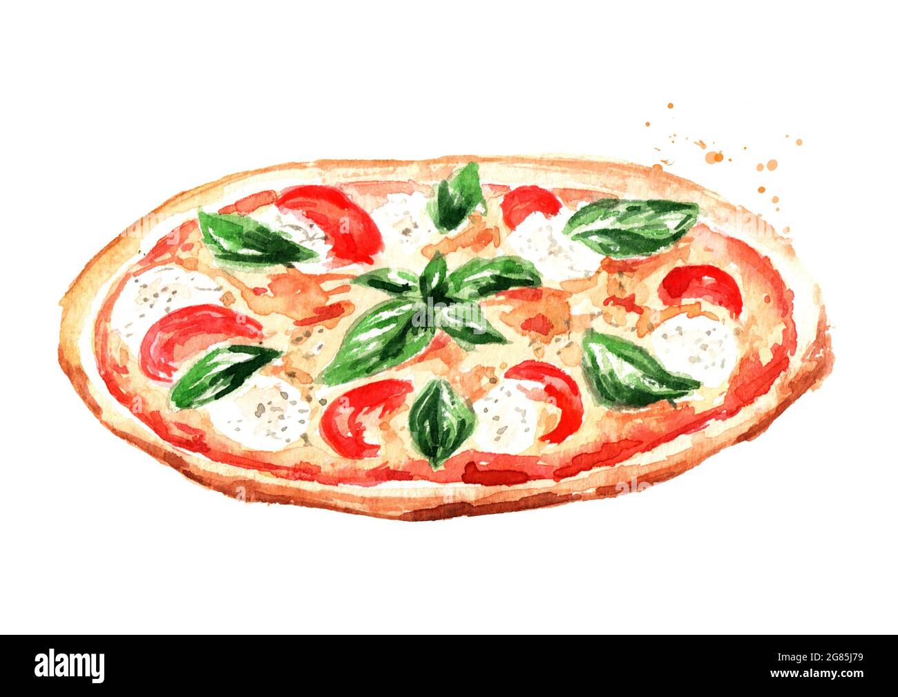 Delicious fresh hot pizza. Watercolor hand drawn illustration isolated