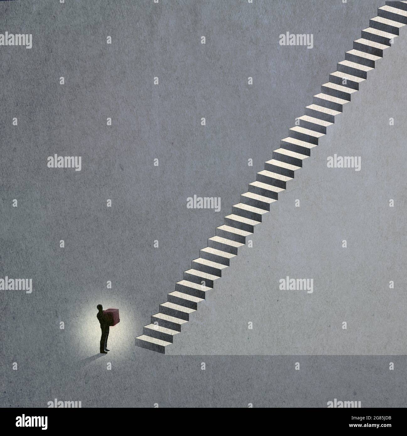 Concept image of a small man holding large box standing at the bottom of a  long flight of stairs depicting challenge and adversity Stock Photo - Alamy
