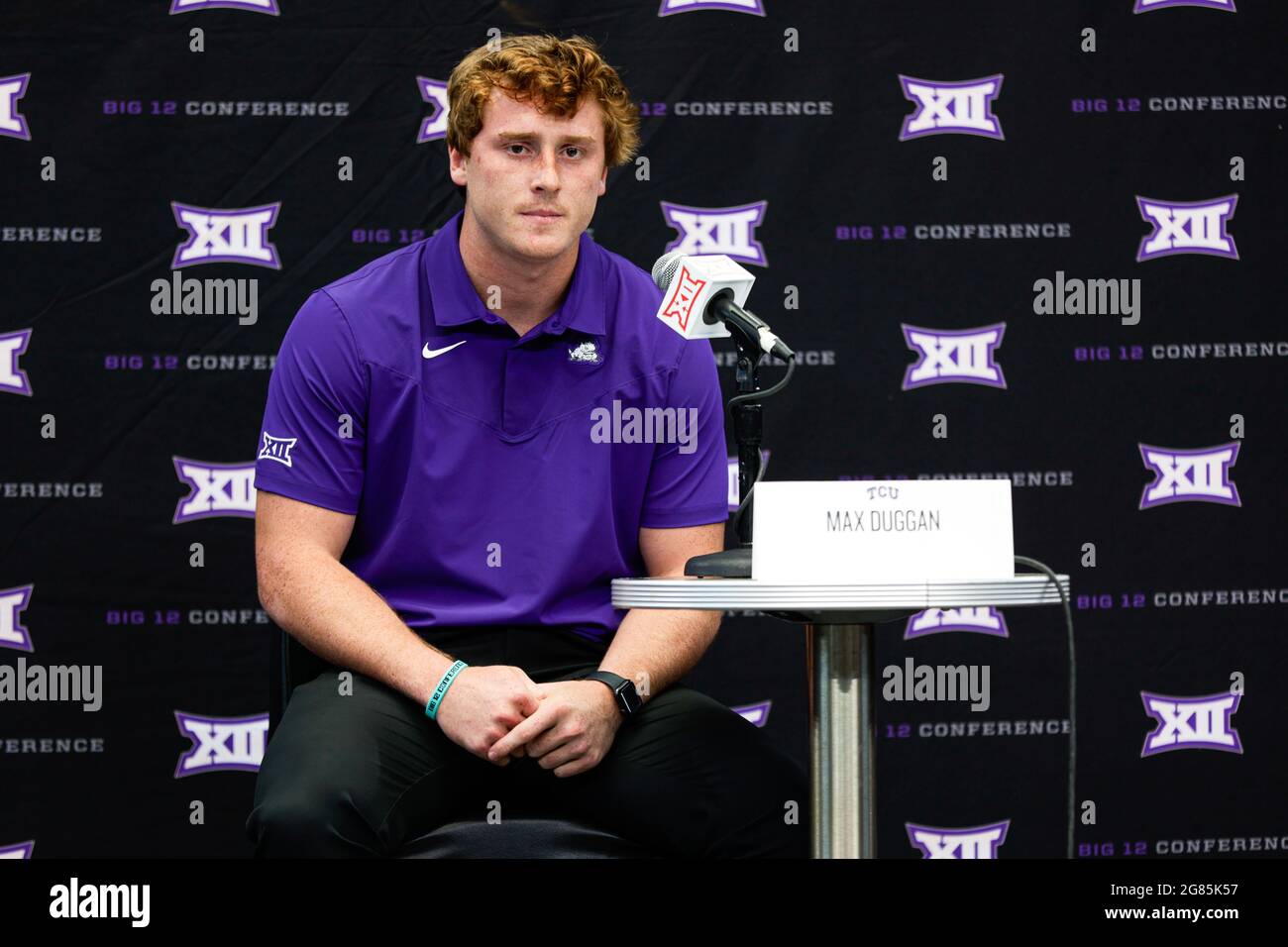TCU Horned Frogs quarterback Max Duggan speaks during Big 12 Conference media day, Wednesday, July 14, 2021, in Arlington, TX. (Mario Terrana/Image of Stock Photo