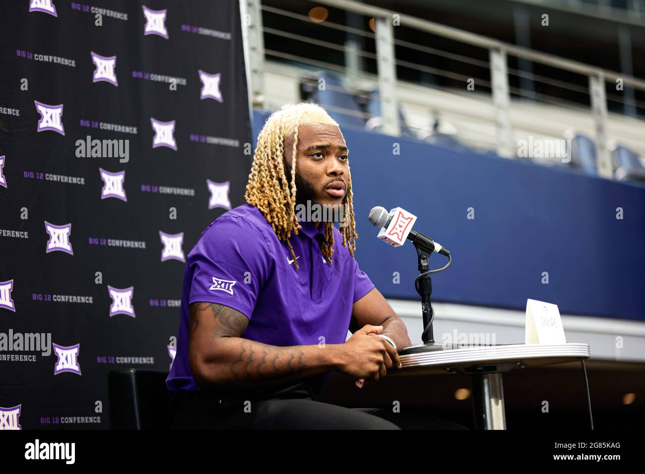 TCU Horned Frogs defensive end Ochaun Mathis speaks during Big 12 Conference media day, Wednesday, July 14, 2021, in Arlington, TX. (Mario Terrana/Ima Stock Photo