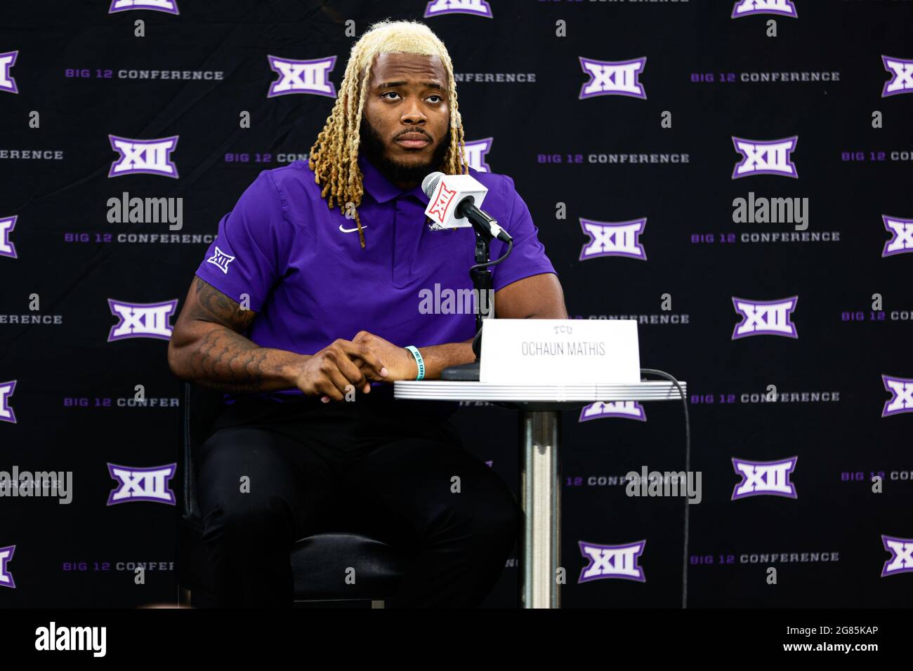 TCU Horned Frogs defensive end Ochaun Mathis speaks during Big 12 Conference media day, Wednesday, July 14, 2021, in Arlington, TX. (Mario Terrana/Ima Stock Photo