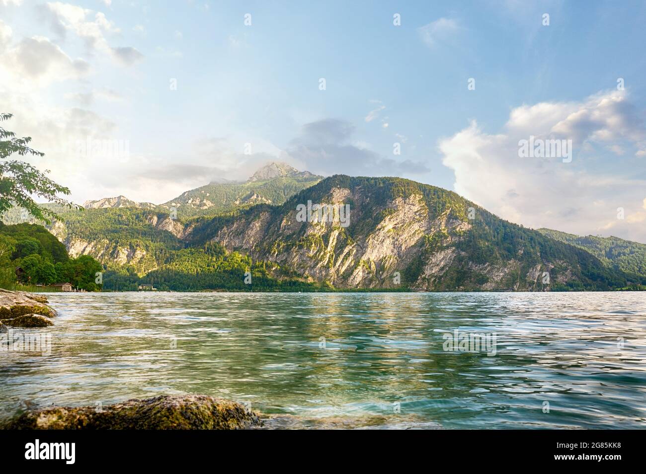 Beautiful Lake Mondsee and the Schafberg mountain in the Salzkammergut during summer time. Austria, Europe. Stock Photo