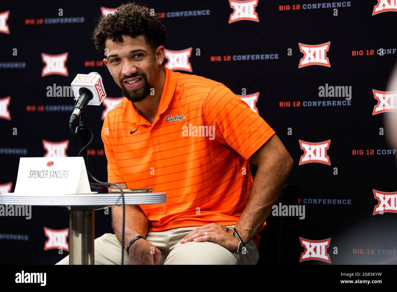 Oklahoma State Cowboys quarterback Spencer Sanders speaks during Big 12