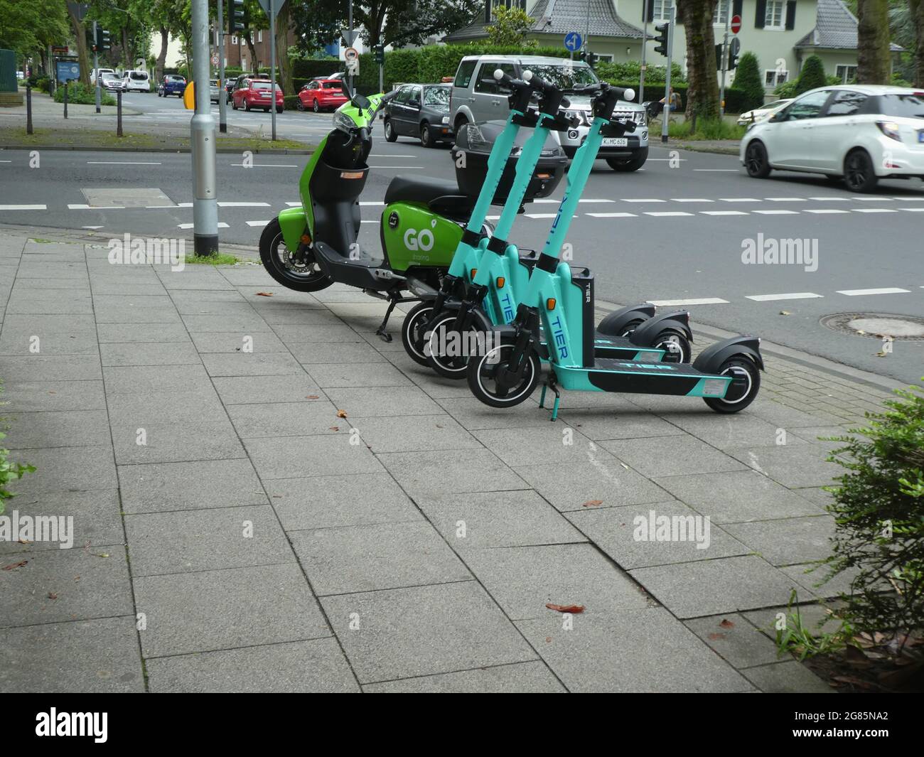 Cologne, Germany. 06th July, 2021. An electric scooter from the Dutch provider "GO Sharing" and