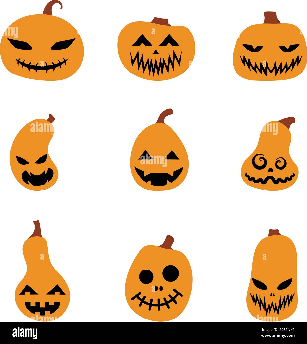 Set of Halloween scary pumpkins. Illustration of Jack-o-lantern facial expressions. Simple ...