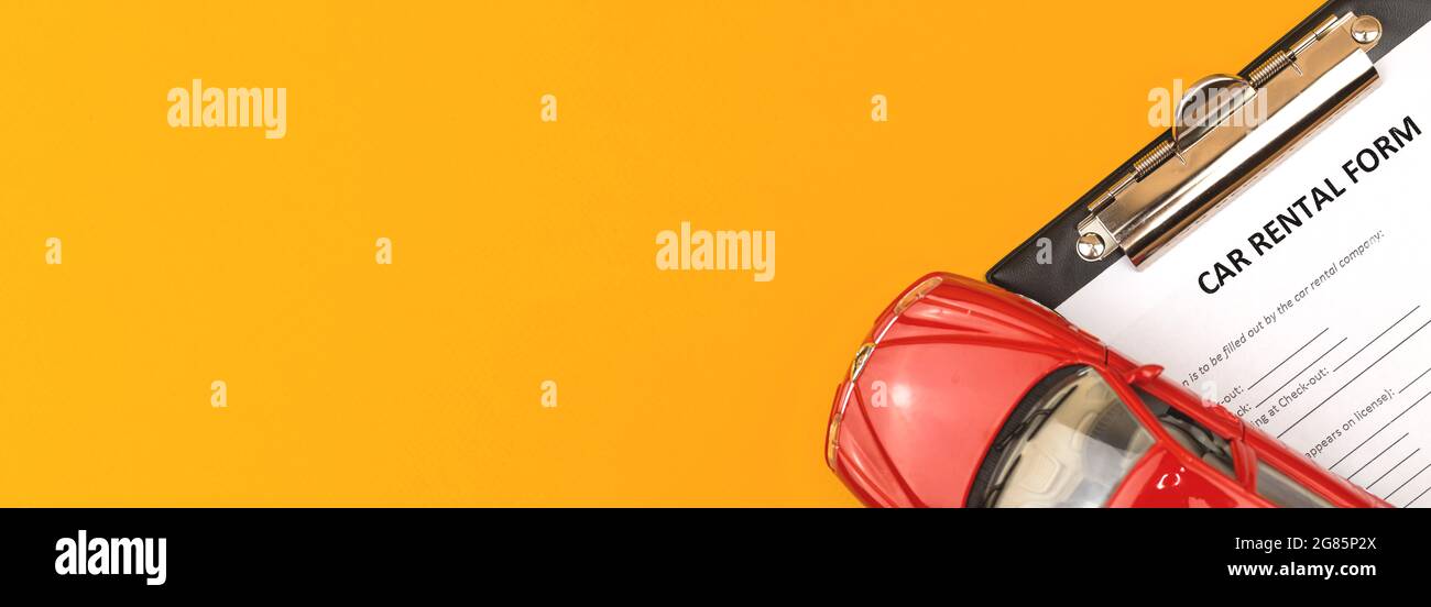 Car rental agreement contract banner. Office desk with clipboard and