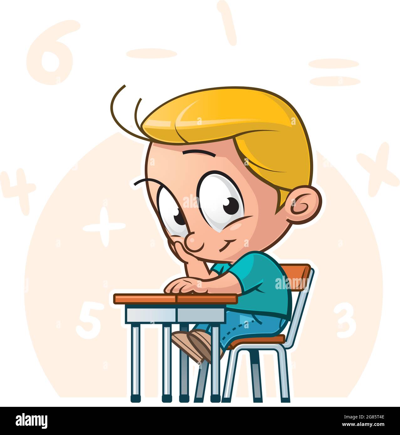 Cartoon illustration of a elementary schoolchild learning a math lesson ...