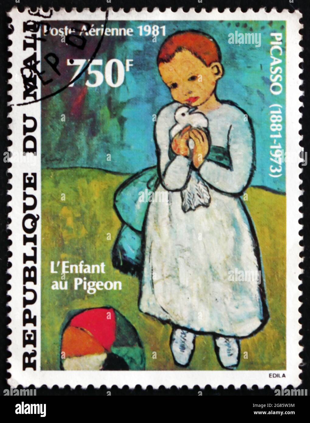 MALI - CIRCA 1981: a stamp printed in Mali shows Child Holding a Dove, Painting by Pablo Picasso, Spanish Painter, circa 1981 Stock Photo