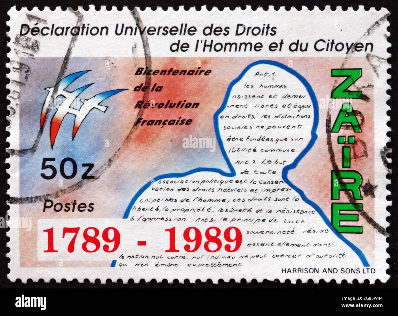ZAIRE - CIRCA 1979: a stamp printed in the Zaire shows Declaration of the Rights of Man and Citizen, Bicentenary of the French Revolution, circa 1979 Stock Photo