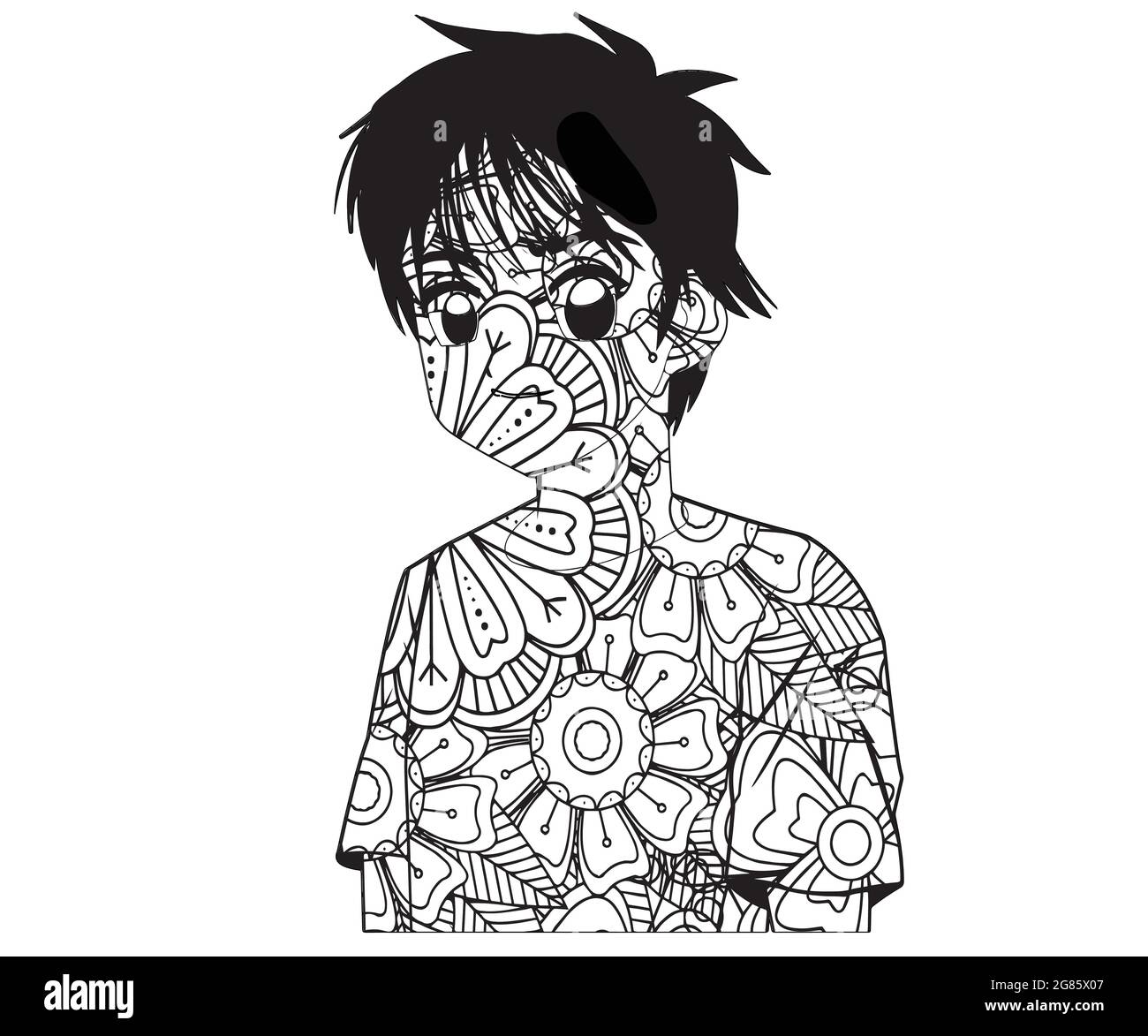 Cute Boy Anime Coloring Page Floral Mandala,seamless pattern for prints, designs and coloring books. Stock Vector