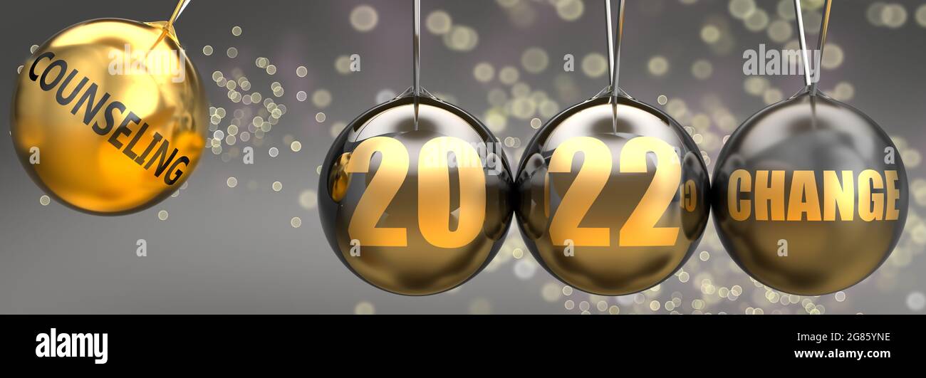 Counseling as a driving force of a change in the new year 2022 - pictured as a swinging sphere with phrase Counseling giving momentum to 2022 that lea Stock Photo