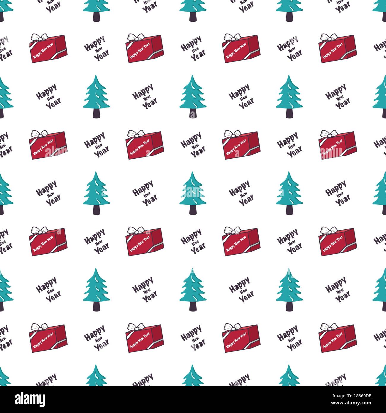 Seamless pattern with Christmas tree, gift and words Stock Vector