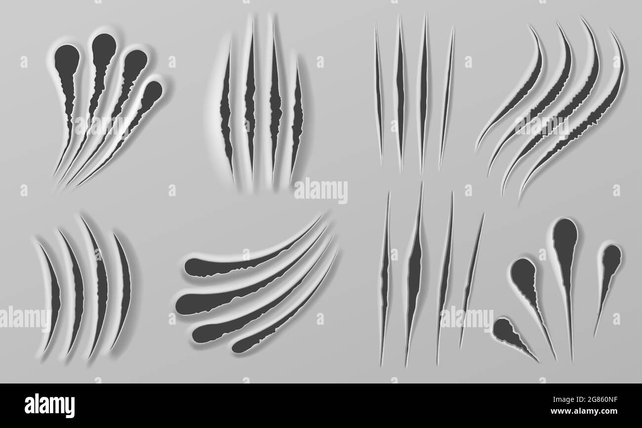 Claw rips. Marks of beast paws. Realistic bear, tiger or lion torn scratch. Horror halloween monster or animal slash mark texture vector set Stock Vector