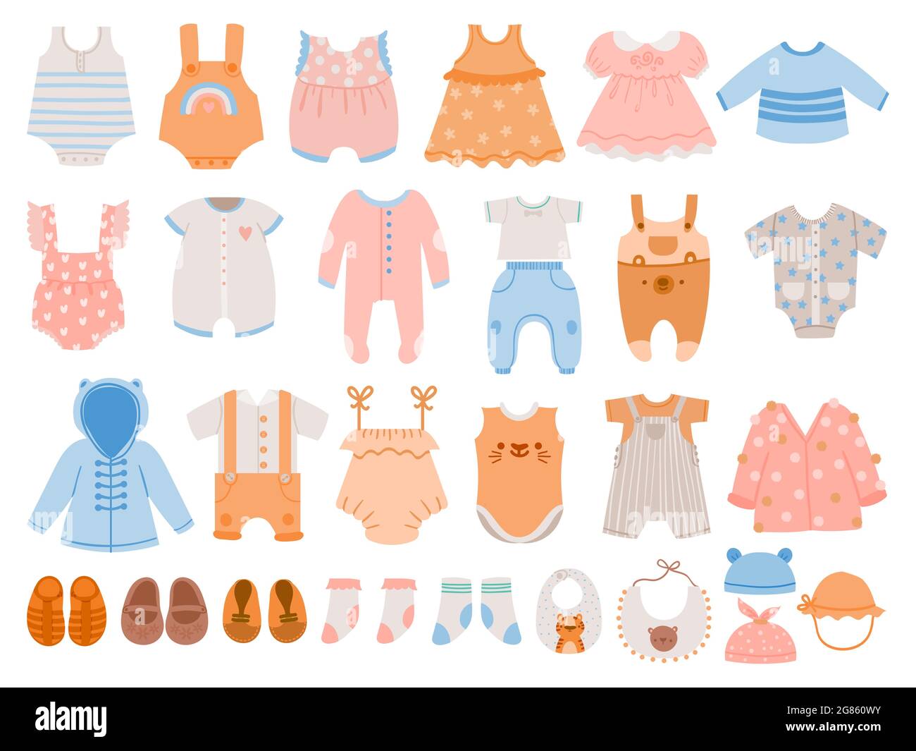 Newborn clothes. Baby apparel for boys and girls, dresses, jumpsuit, body suits, rompers, t-shirts and pants. Cartoon kids wearvector set Stock Vector