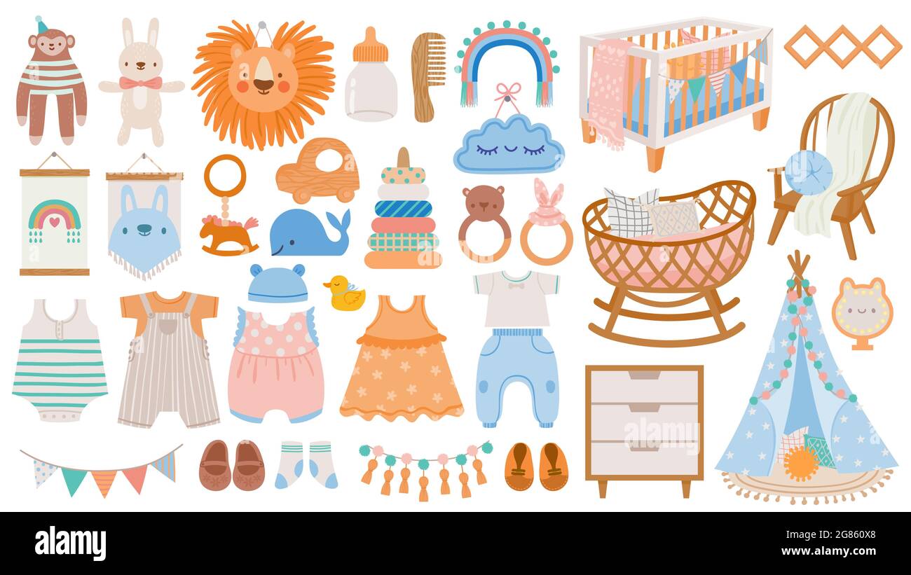 Baby furniture and clothes. Nursery elements, animal toys, decor, cradles, rattles and newborn accessories in scandinavian style vector set Stock Vector