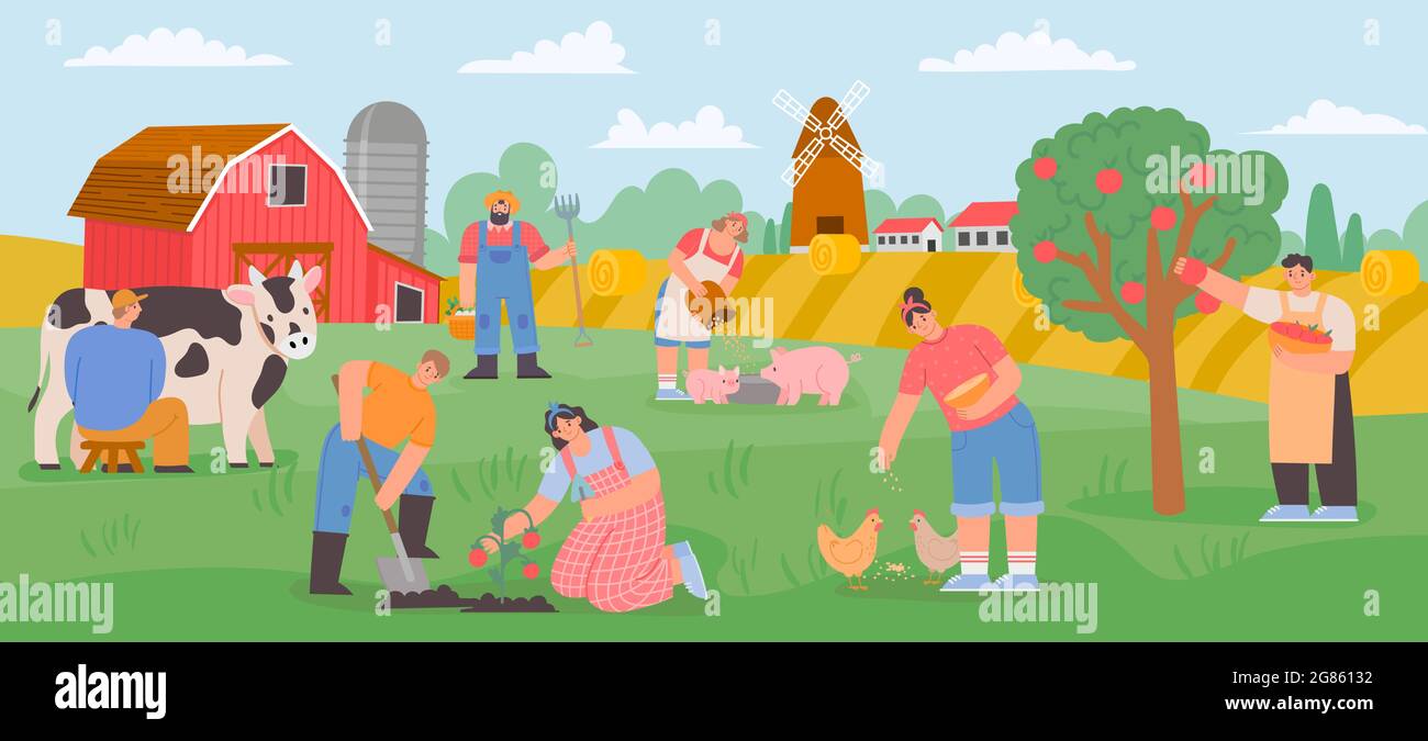 Farming landscape with workers. Countryside farmer community feed animals, milk cow and grow vegetables and fruits. Flat farm vector concept Stock Vector