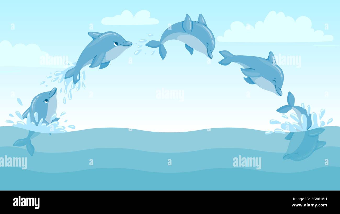 Dolphin jump out of water. Cartoon marine landscape with jumping dolphins and splashes. Cute ocean dolphin character vector animation frames Stock Vector