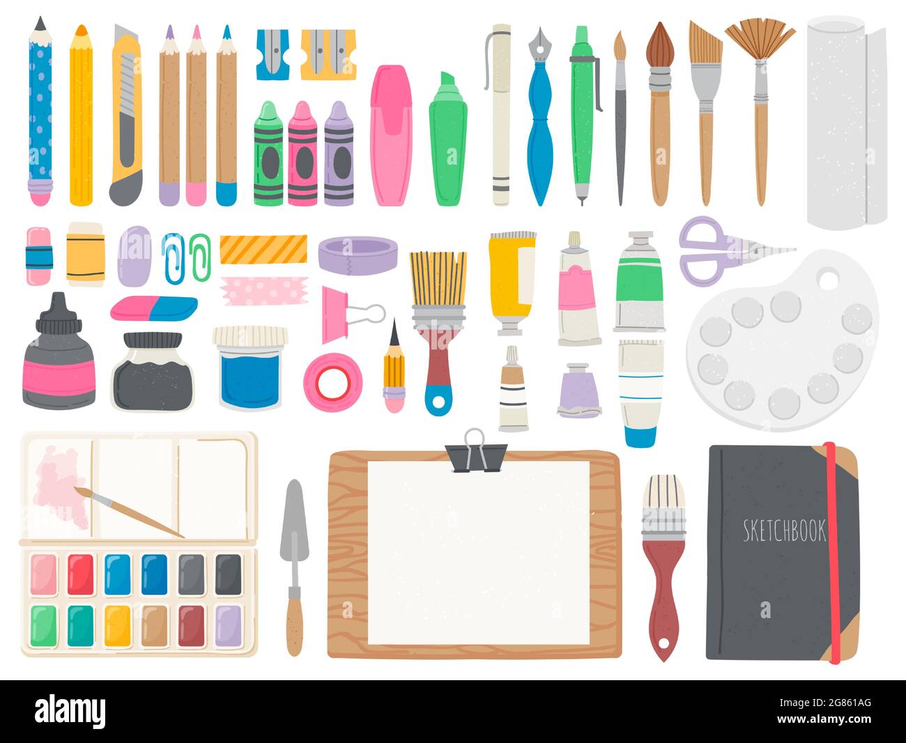 https://c8.alamy.com/comp/2G861AG/art-supplies-artist-toolkit-with-crayons-brushes-watercolor-paint-tubes-pencils-and-easel-equipment-for-draw-and-calligraphy-vector-set-2G861AG.jpg