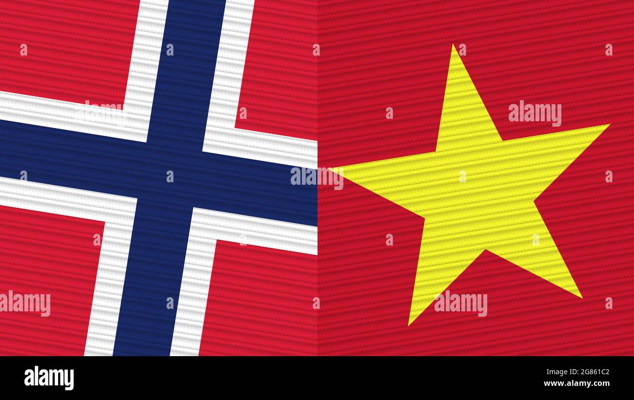 Vietnam and Norway Two Half Flags Together Fabric Texture Illustration Stock Photo