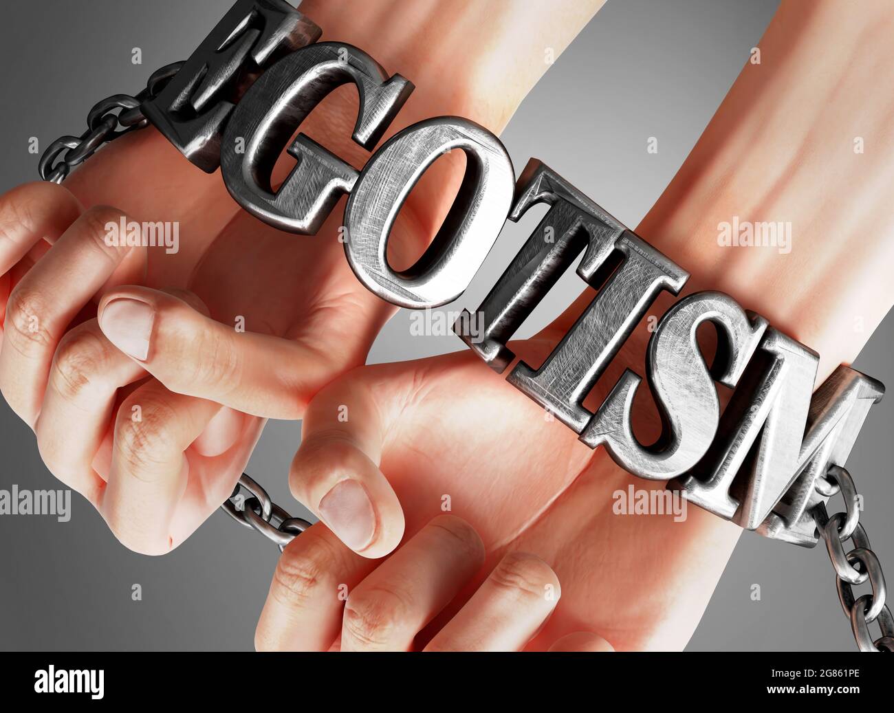 Egotism restricting life and freedom, bringing enslavement, pain and misery to human life - symbolized by chains and shackles made of metal word Egoti Stock Photo