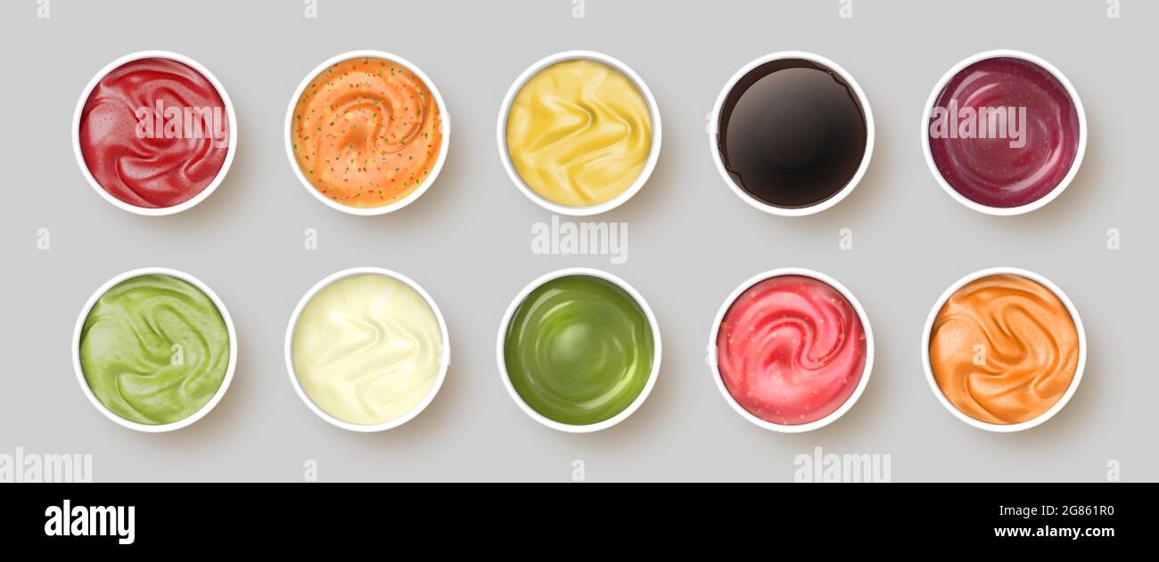 Dip sauces top view. Bowls with mayonnaise, tomato ketchup, mustard, pesto, curry and guacamole. Realistic spicy seasoning sauce vector set Stock Vector