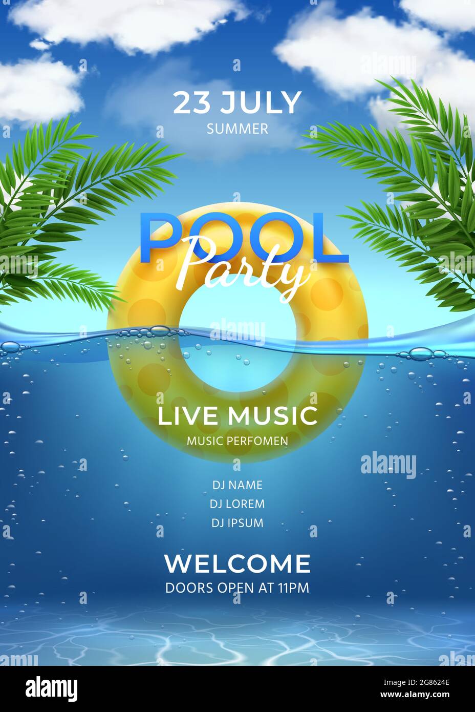 Pool party. Summer swimming party invitation template with inflatable ring, palm leaves, water and sky with clouds, realistic vector poster Stock Vector