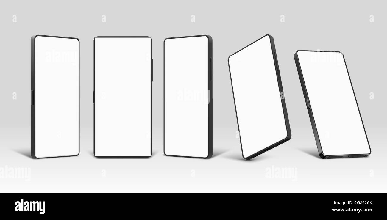 Smartphone mockups. Realistic 3d mobile phone device template with blank screen. Cellphone in front, perspective and angles view vector set Stock Vector
