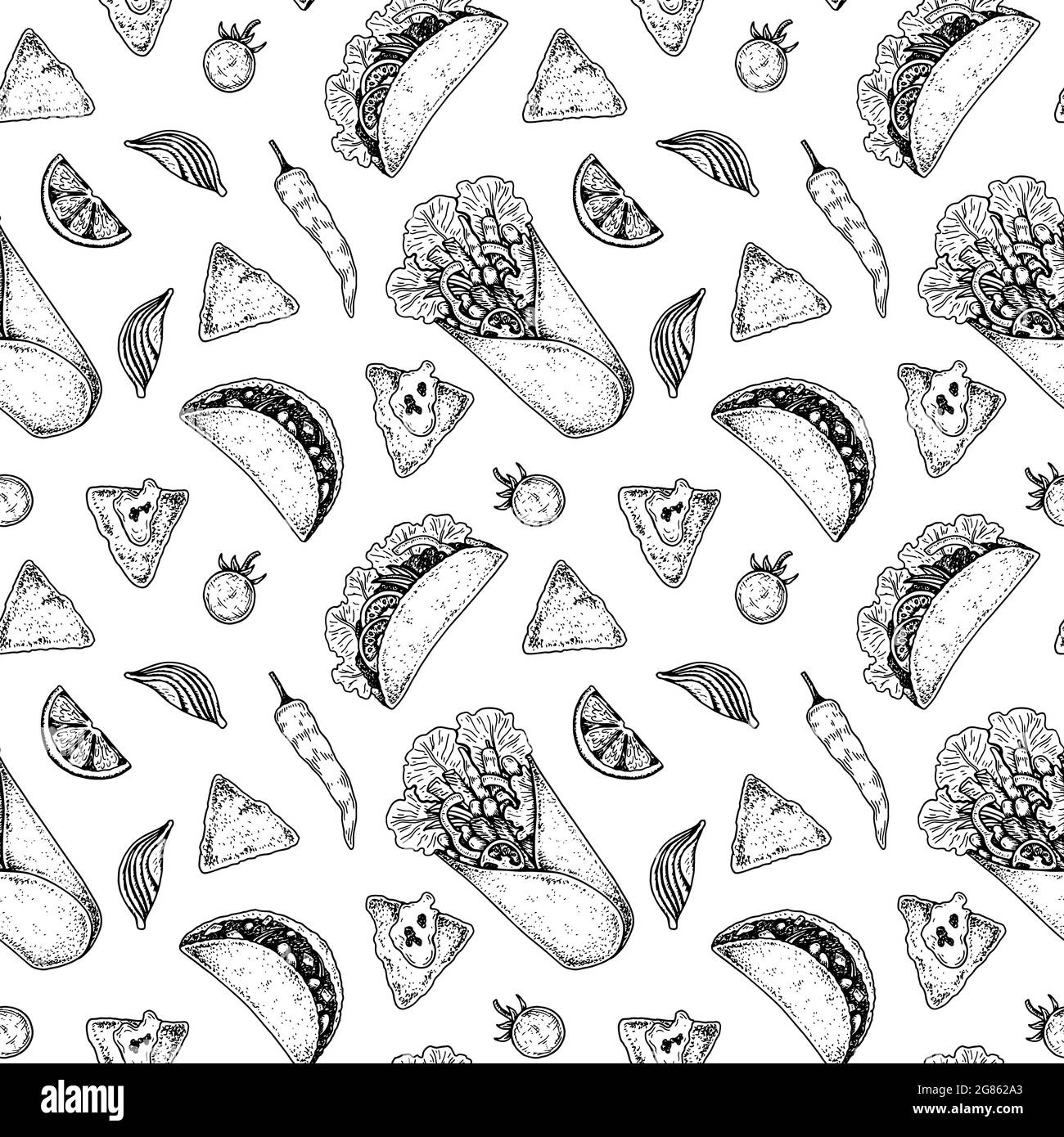 Mexican food seamless pattern with taco, nacho chips and burrito. Vector illustration in sketch style Stock Vector