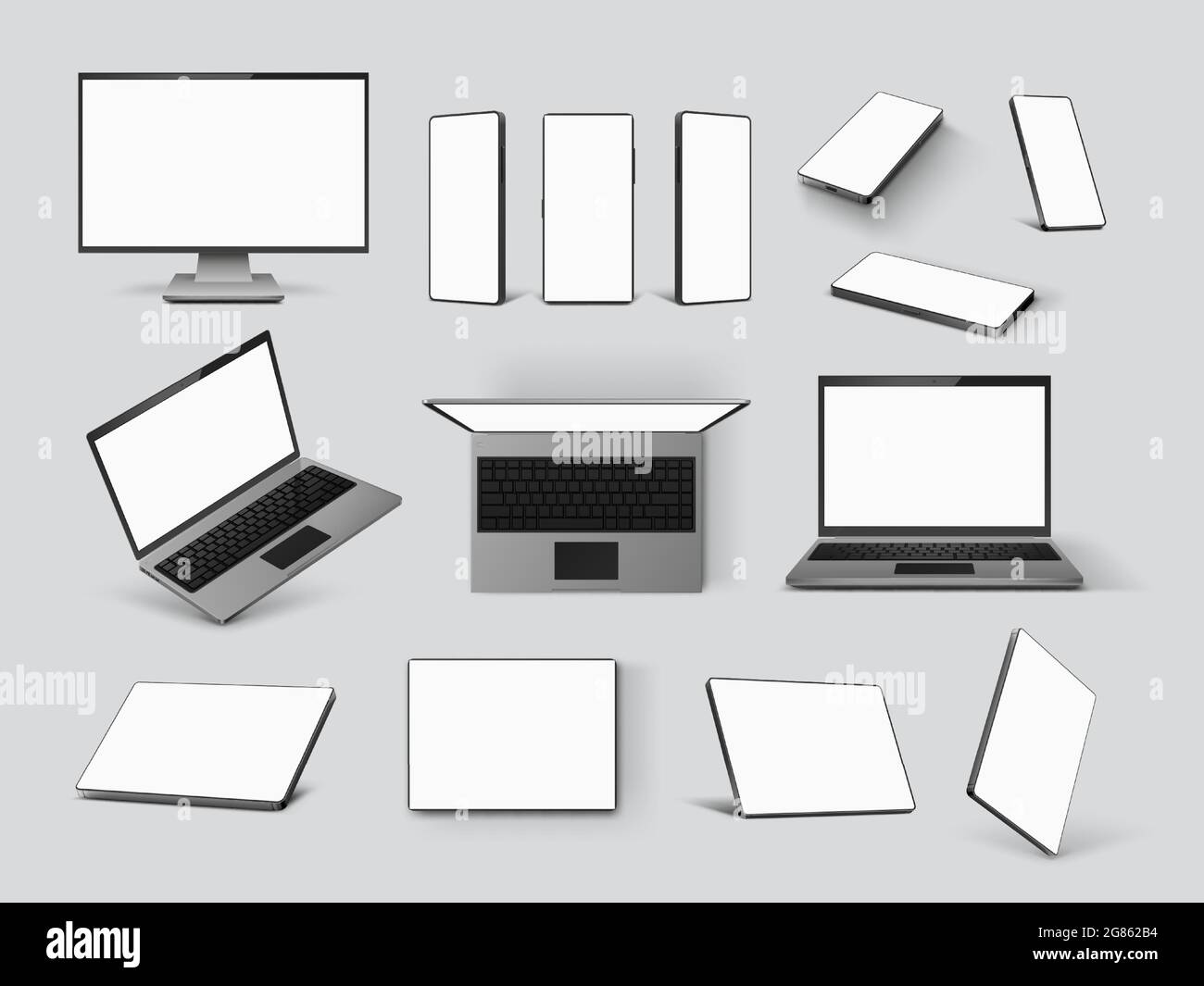 Gadgets mockups. Realistic laptop, mobile phone, computer monitor screen and tablet in front, angle and top view. 3d smart device vector set Stock Vector