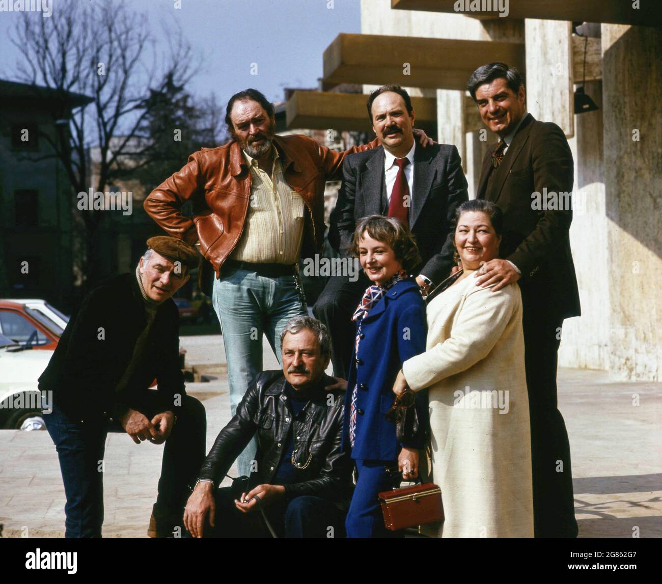 Romania, approx. 1980. Actors Ghe. Cozorici, Mircea Albulescu, Amza Pellea, George Constantin, Sanda Toma, Draga Olteanu Matei, Silviu Stănculescu. Stock Photo