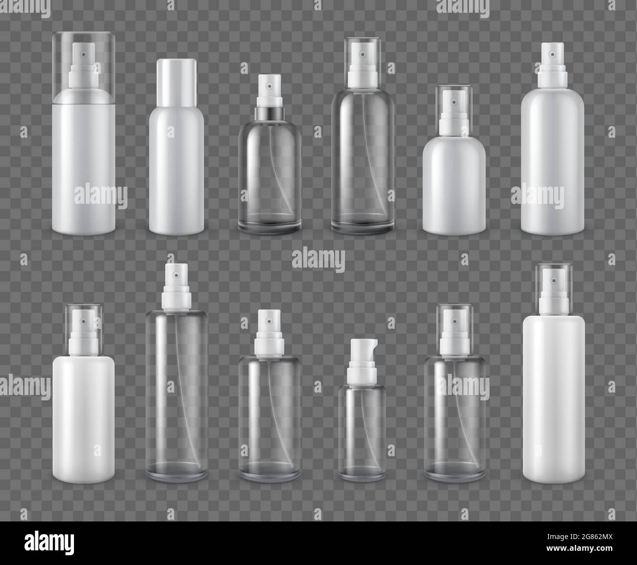 Spray bottles. Realistic cosmetic aerosol, deodorant or sprayer clear bottle package mockups. 3d plastic cream dispenser with cap vector set Stock Vector
