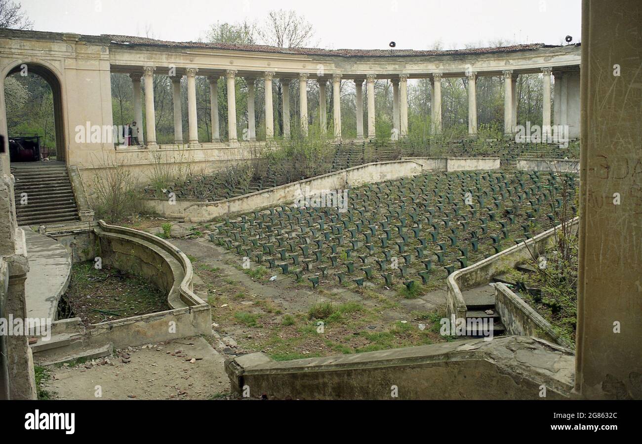 Bucharest, Romania, 2000. The ruins of the 1953 amphitheater in Bazilescu Park. Stock Photo