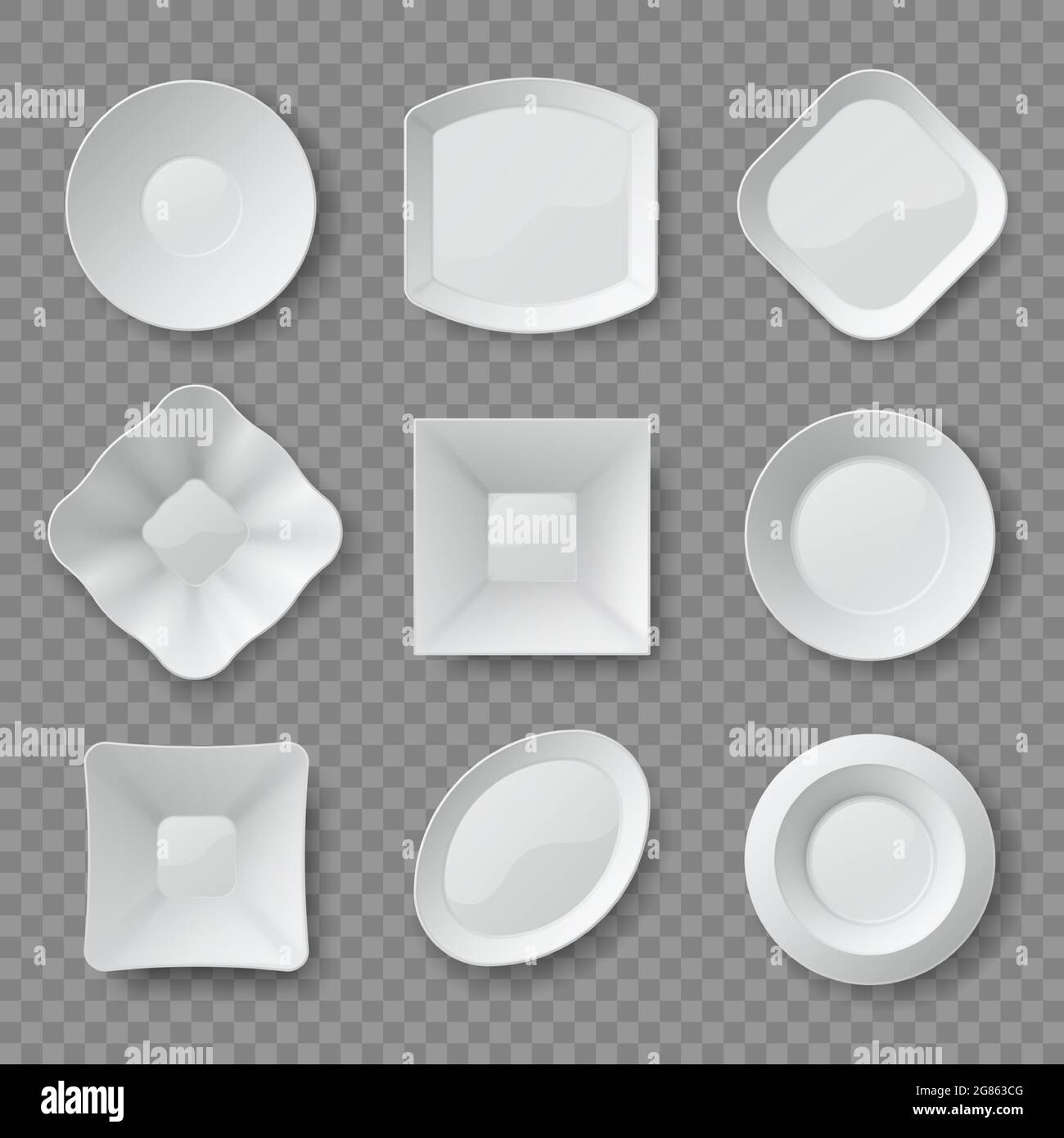 Realistic dishes. 3d white empty food plates, saucers and bowls top view. Clean porcelain dish mockups. Ceramic dishware designs vector set Stock Vector