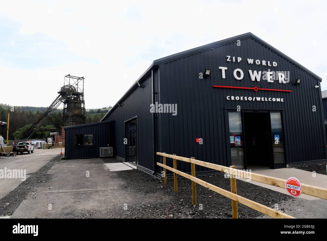 Wales, UK 02 July 2021     The new 'Tower Coaster' ride at Zipworld Tower Colliery near Hirwaun.Wales    It's the first two-seater roller coaster of i Stock Photo